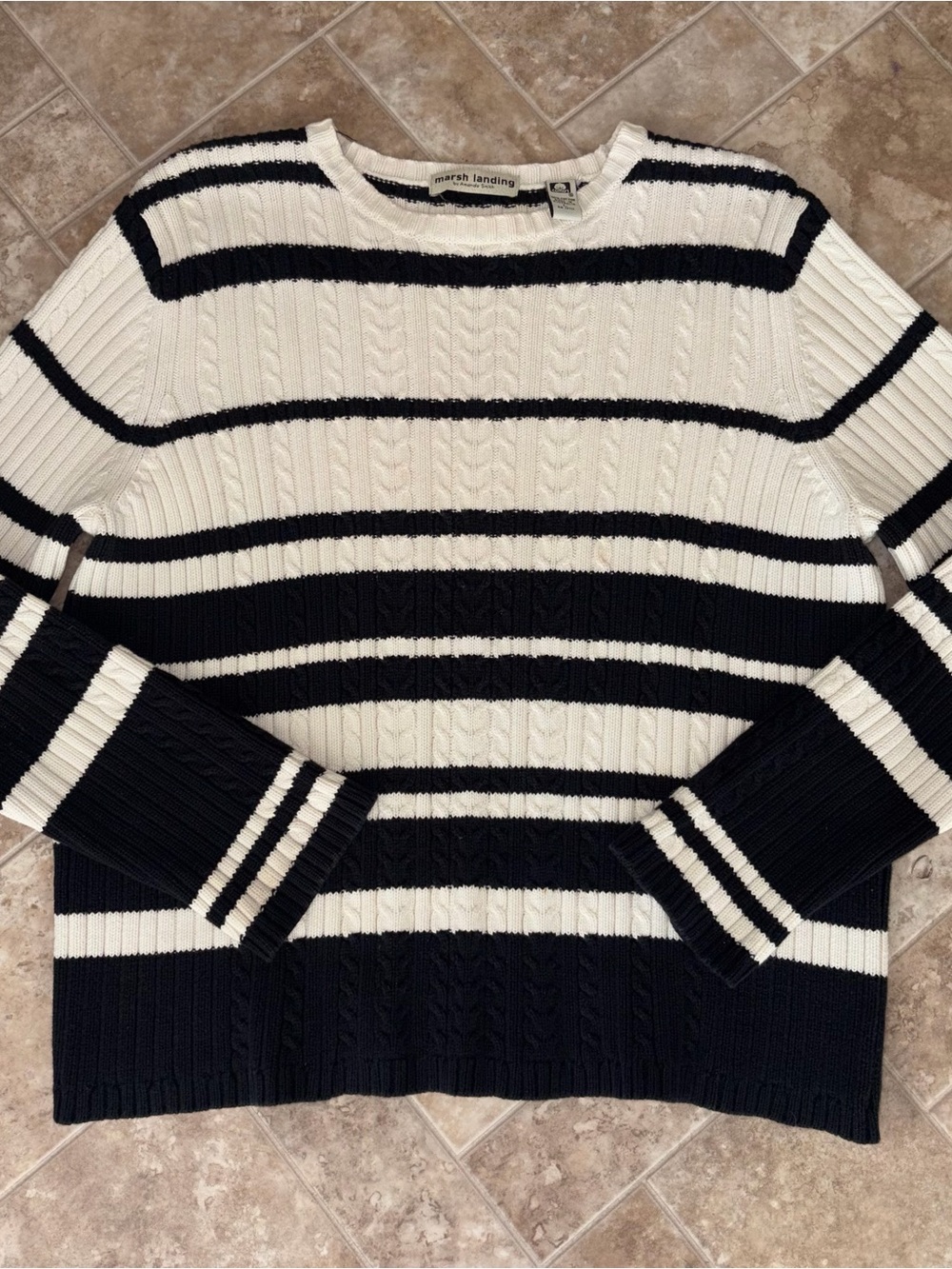 Marsh Landing Women's Black and White Striped Cable Cotton Crewneck Sweater